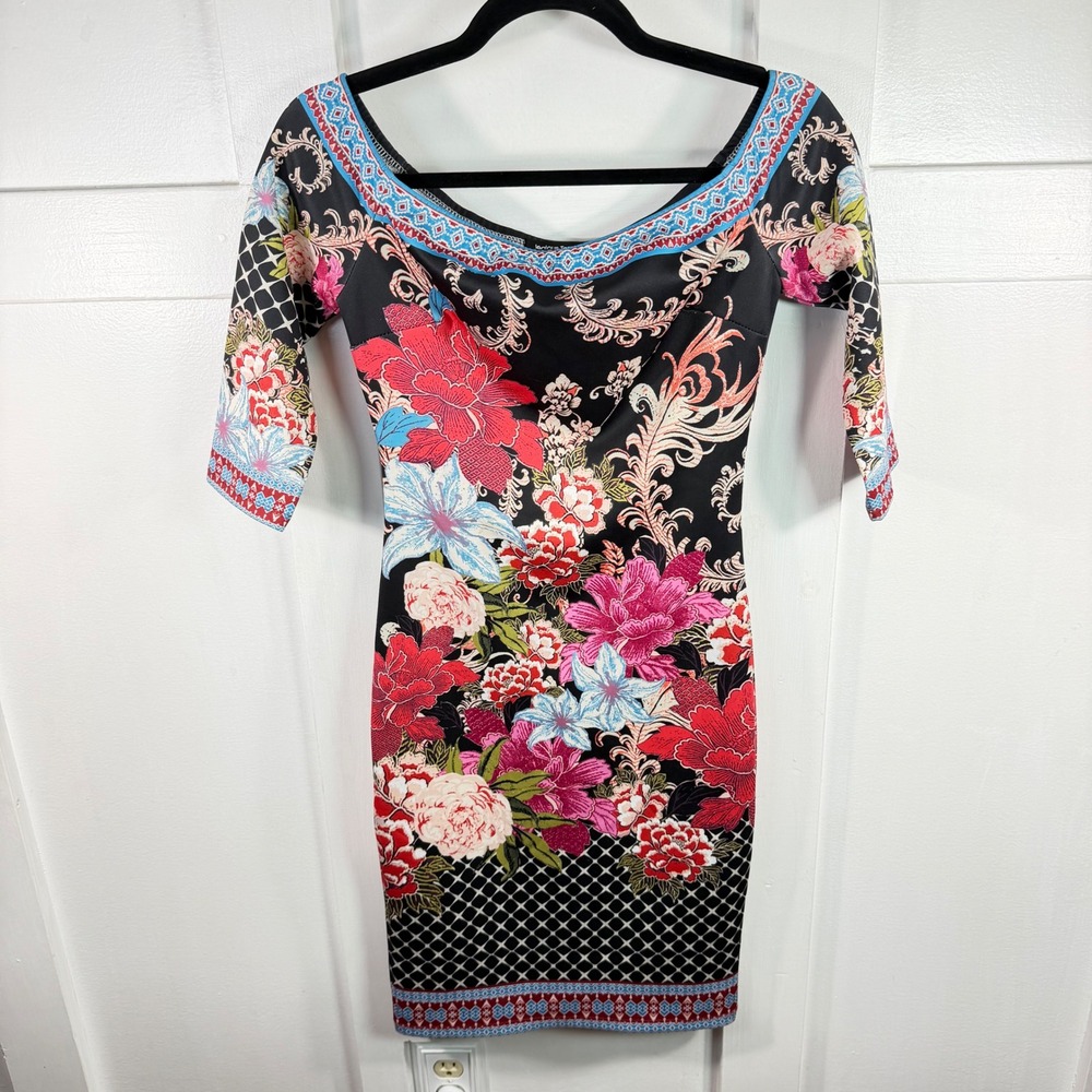 Jealous Tomato Floral Baroque Scarf Print Off Shoulder Bodycon Mini Dress S